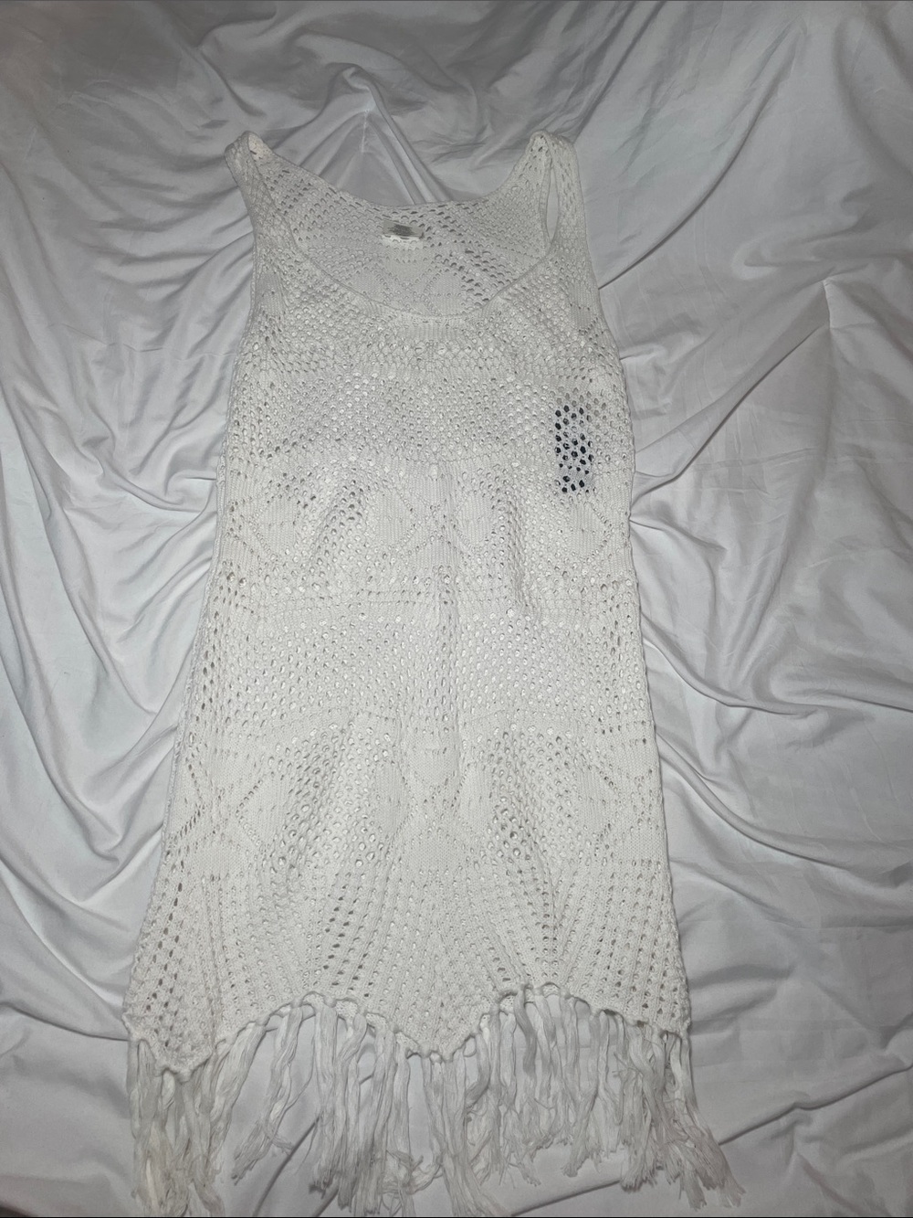 Apostrophe White Crochet Fringe Mini Dress
